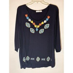 Solitaire Dark blue Large blouse With Embroidery Appliques Design sz L 3/4 sleev